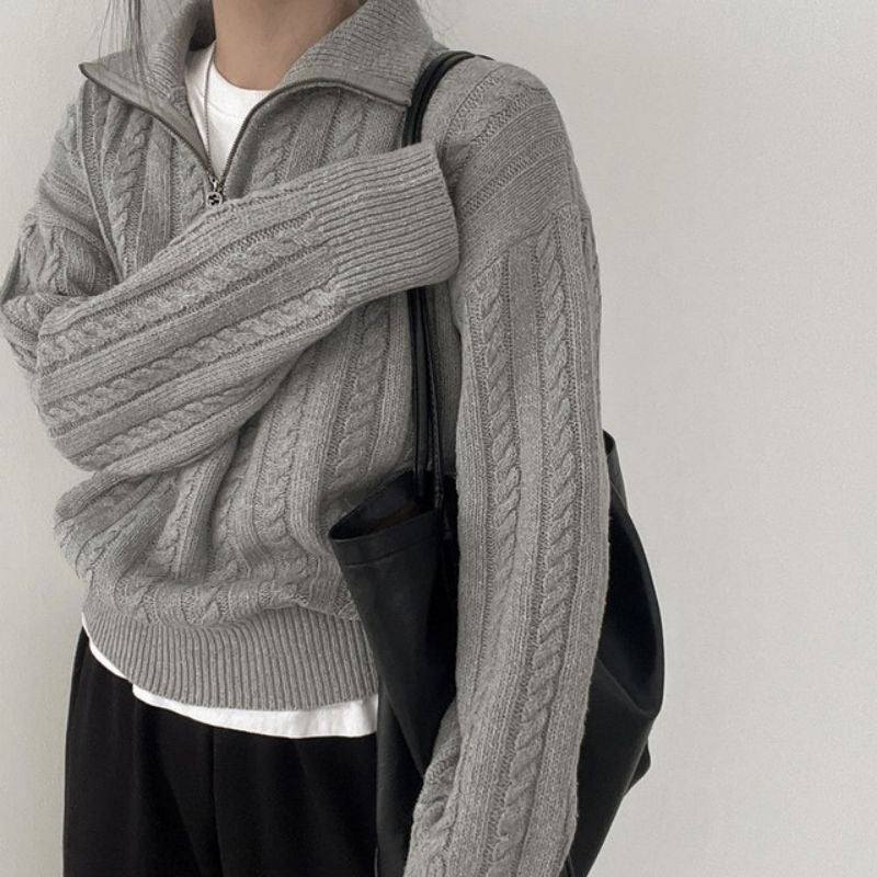 Damen kuscheliger Strickpullover mit hochschließendem Kragen und Zipper EB