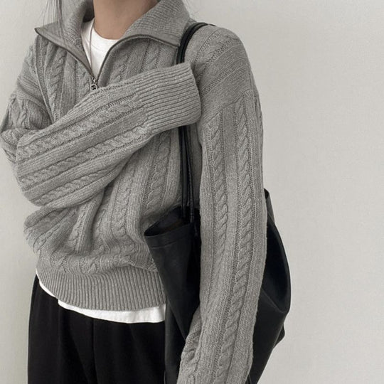 Damen kuscheliger Strickpullover mit hochschließendem Kragen und Zipper EB