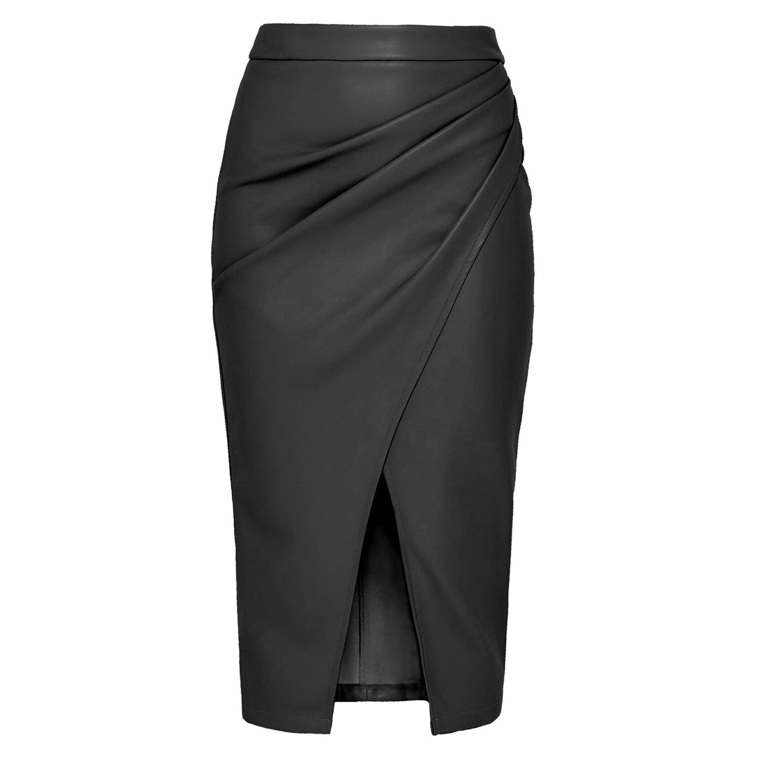 Damen Langer Wickelrock aus hochwertigem Kunstleder mit Schlitz EB