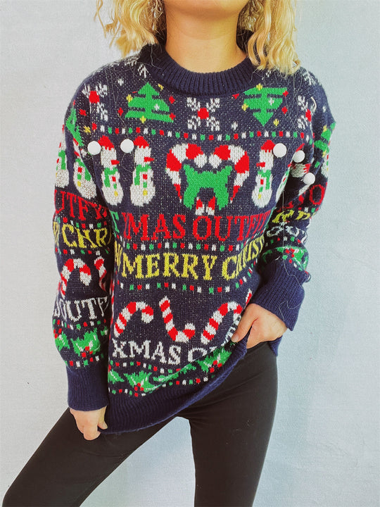 Damen weihnachtlicher Pullover mit bunten Motiven und lustigen Applikationen EB