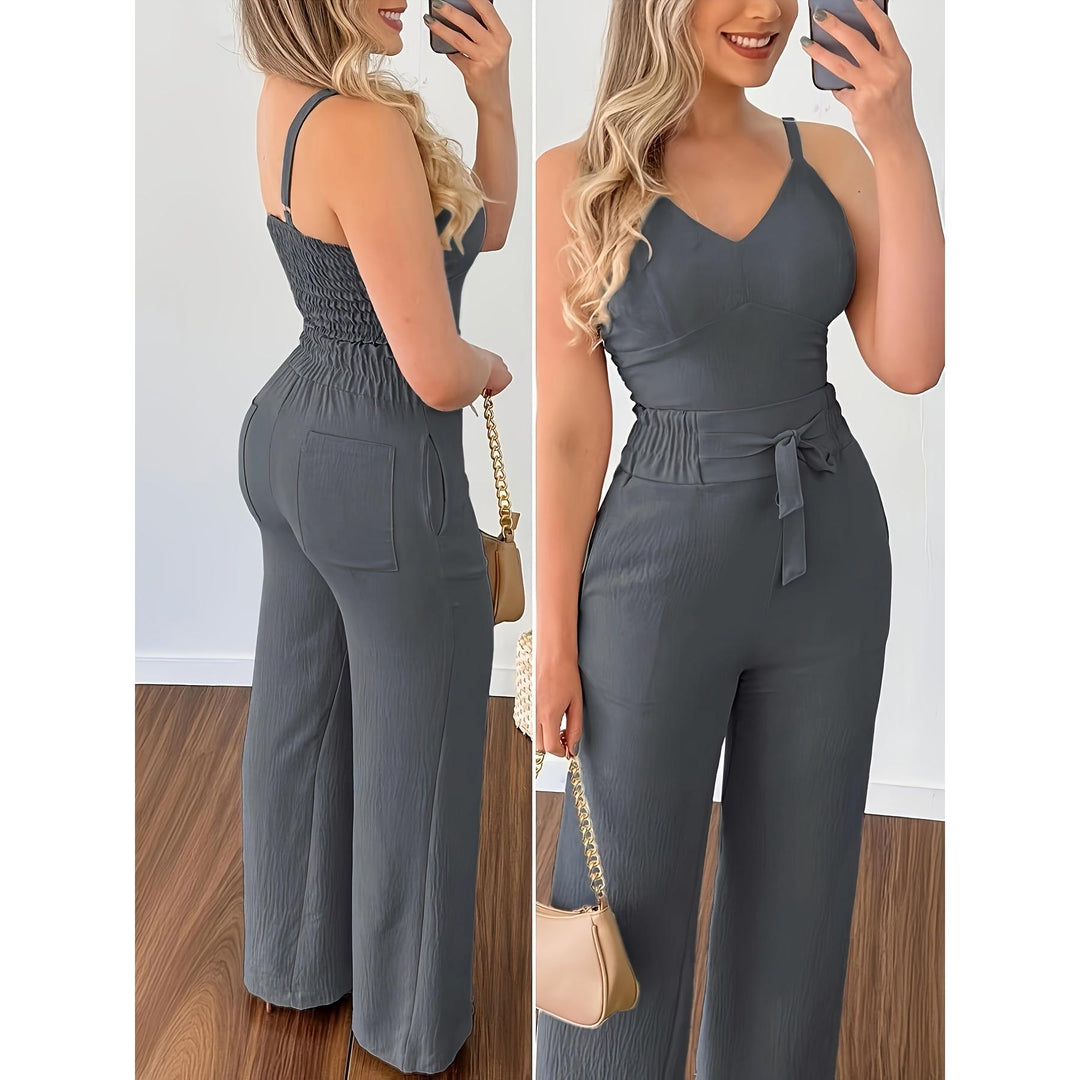 Damen eleganter Jumpsuit mit Taillengürtel und weitem Bein EB