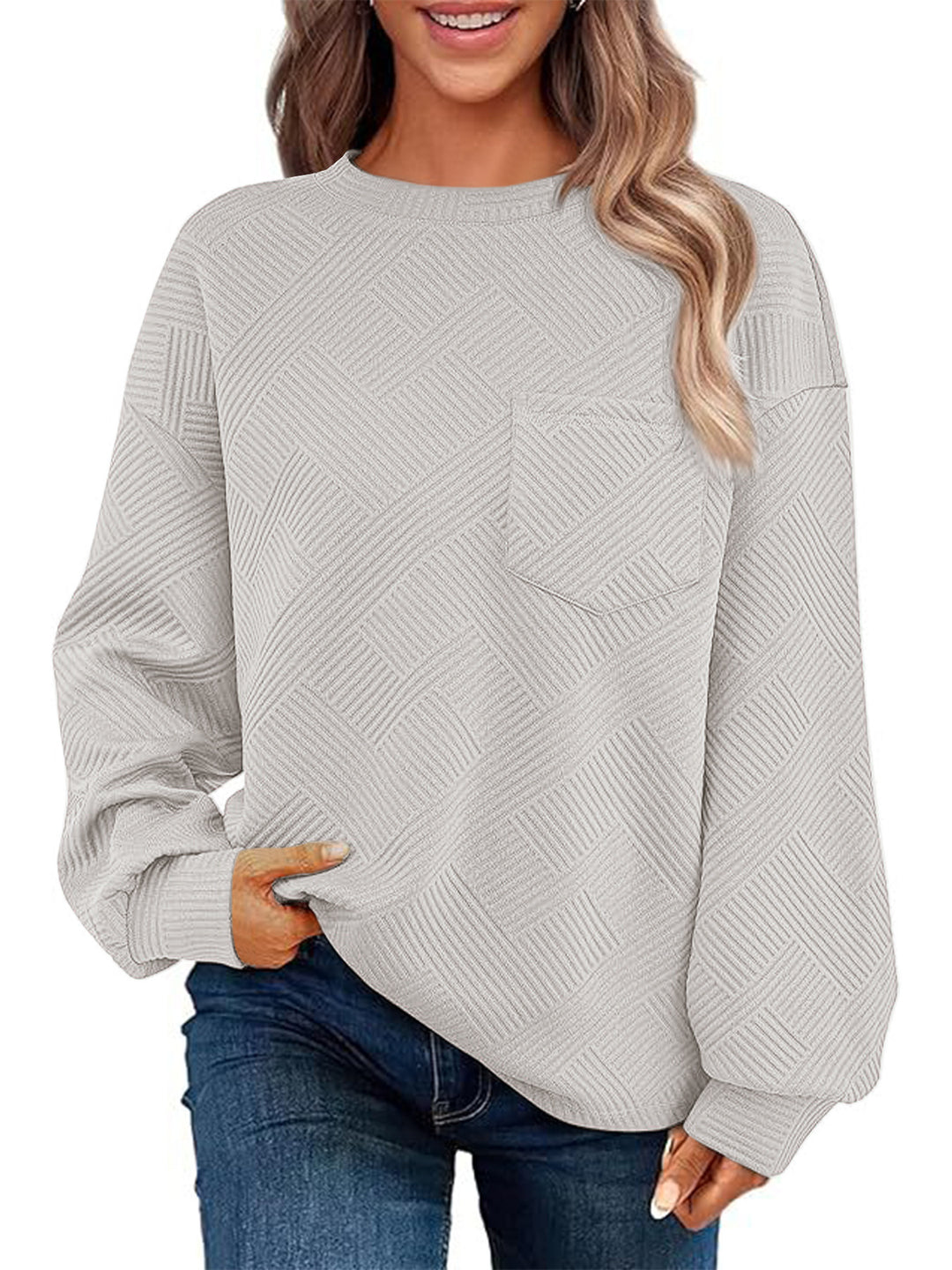Damen Lässiger Pullover mit strukturiertem Muster und praktischen Taschen EB