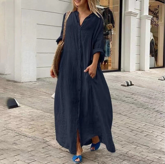 EB | Einreiher Baumwoll-Leinen Plus Size Langkleid