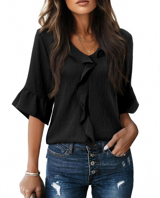 Damen Luftiges Blusenshirt mit Rüschendetails und V-Ausschnitt EB