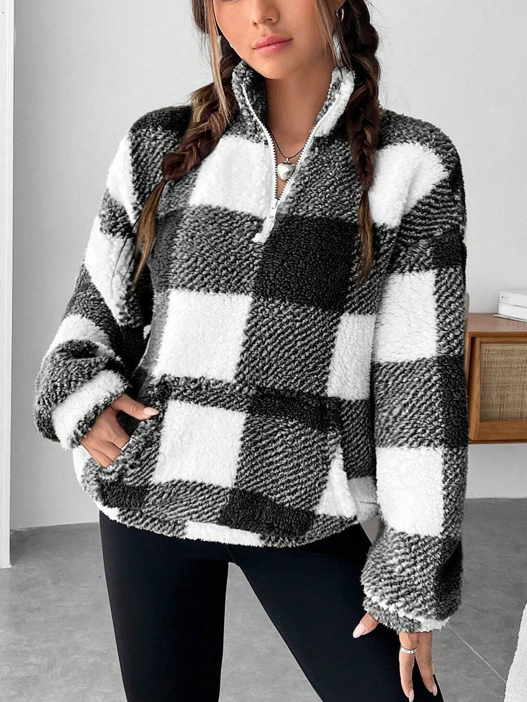 Damen Fleece-Pulloverjacke mit Reißverschluss und Taschen EB