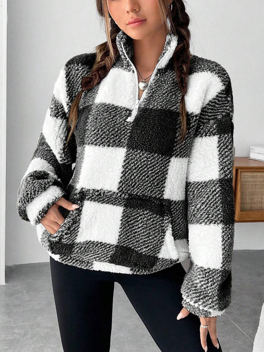 Damen nan kuscheliger Sherpa-Pullover mit Stehkragen, Half-Zip und Kängurutasche EB
