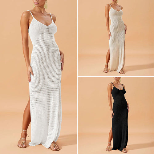 Damen Elegantes Maxikleid mit tiefem V-Ausschnitt und seitlichen Schlitzen EB