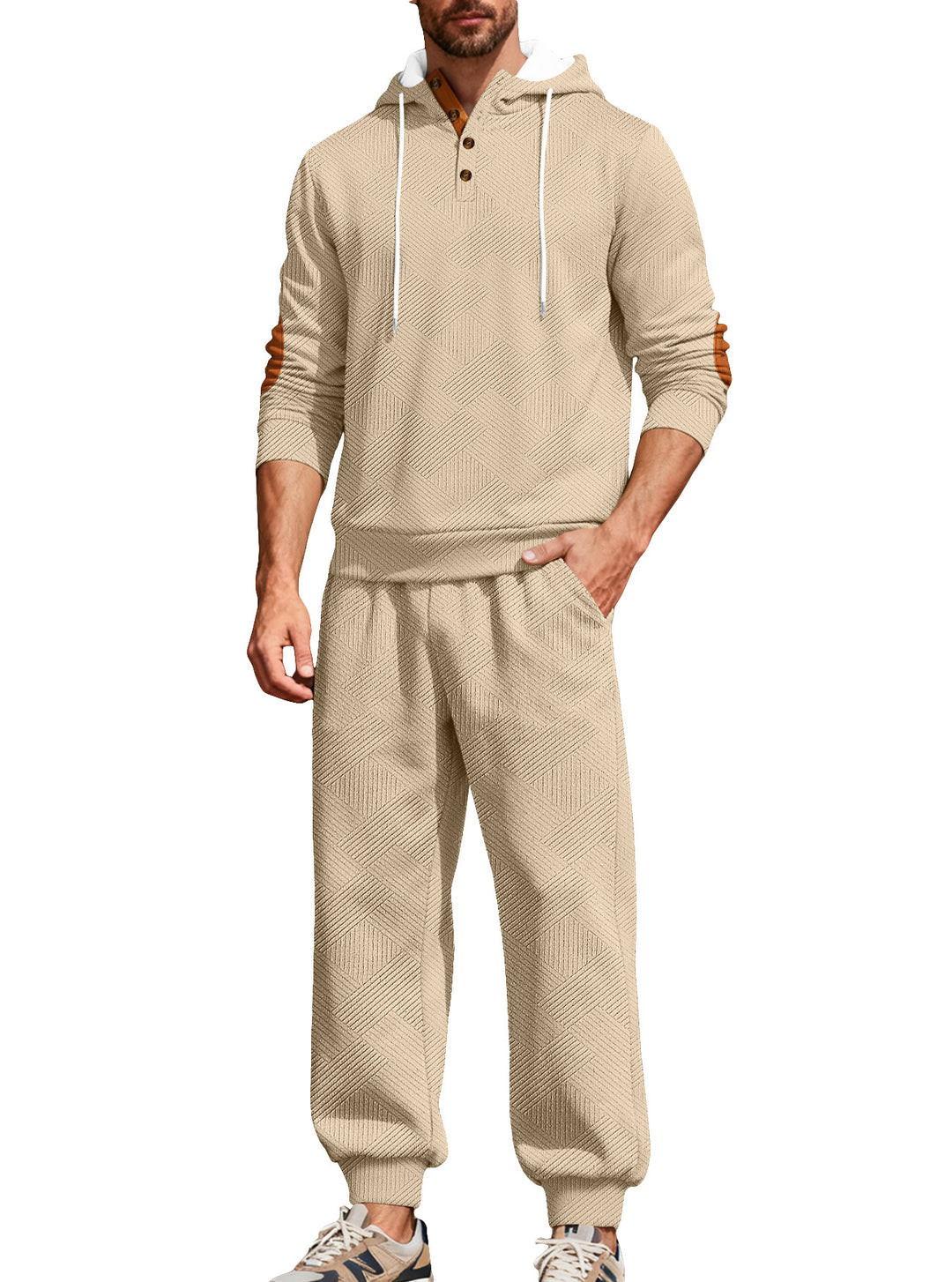 Herren nan strukturiertes Kapuzen-Joggingset mit Henley-Knopfleiste und Kontrast-Ellenbogenpatches EB