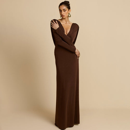 Damen Elegantes Maxikleid mit tiefem V-Ausschnitt und langen Ärmeln EB