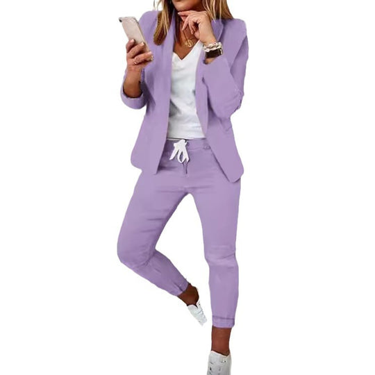 Damen nan lässiges Hosenanzug-Set mit Joggerhose, Kordelzug und tailliertem Blazer EB