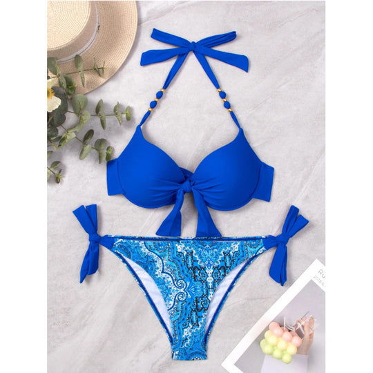 Damen Bikini-Set mit modischen Bindebändern und herausgearbeitetem Muster EB