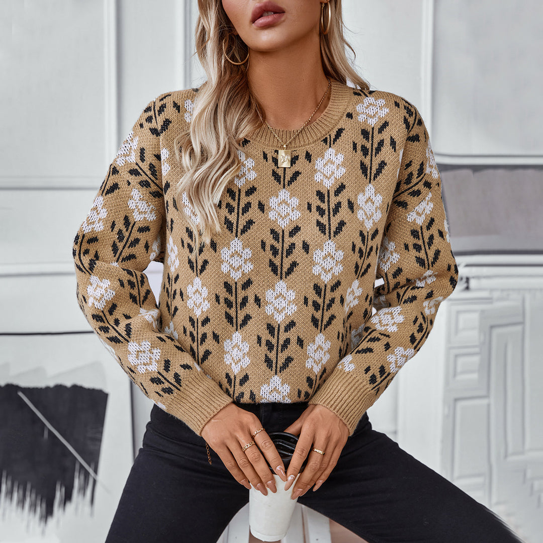 Damen lässiger Pullover mit floralem Muster und Rundhalsausschnitt EB