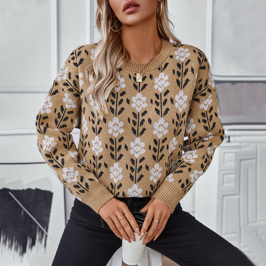 Damen lässiger Pullover mit floralem Muster und Rundhalsausschnitt EB