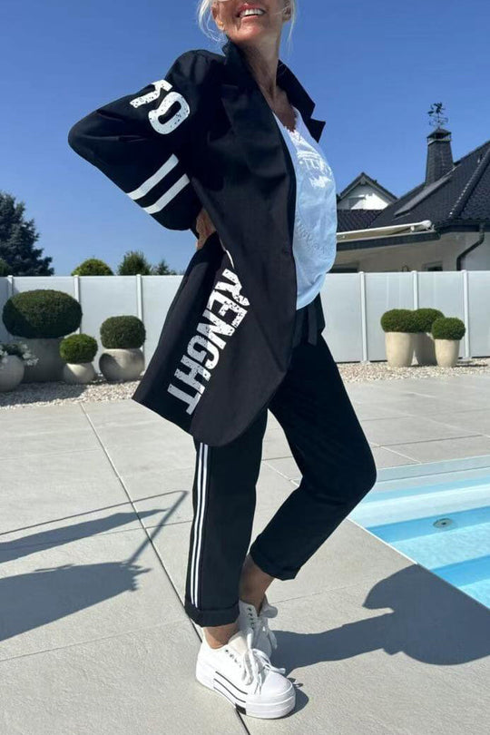 EB | Length Letter Printed Trenchcoat und Hose Zweiteiler Satz