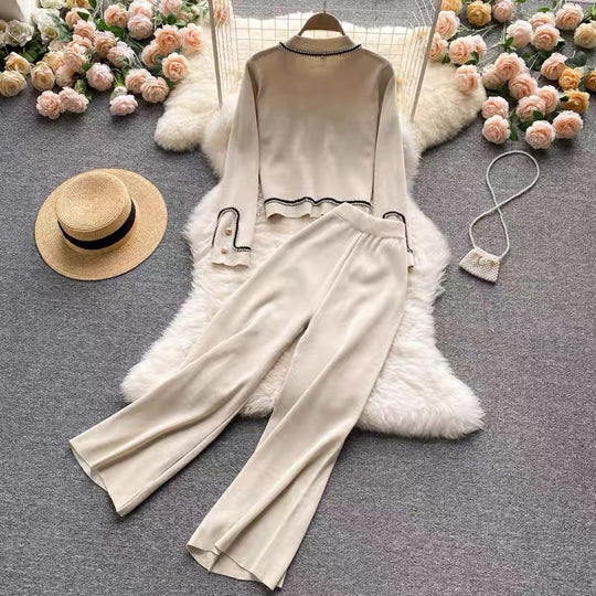 Damen elegantes Strick-Loungewear-Set mit feinen Knopfdetails und weitem Bein EB