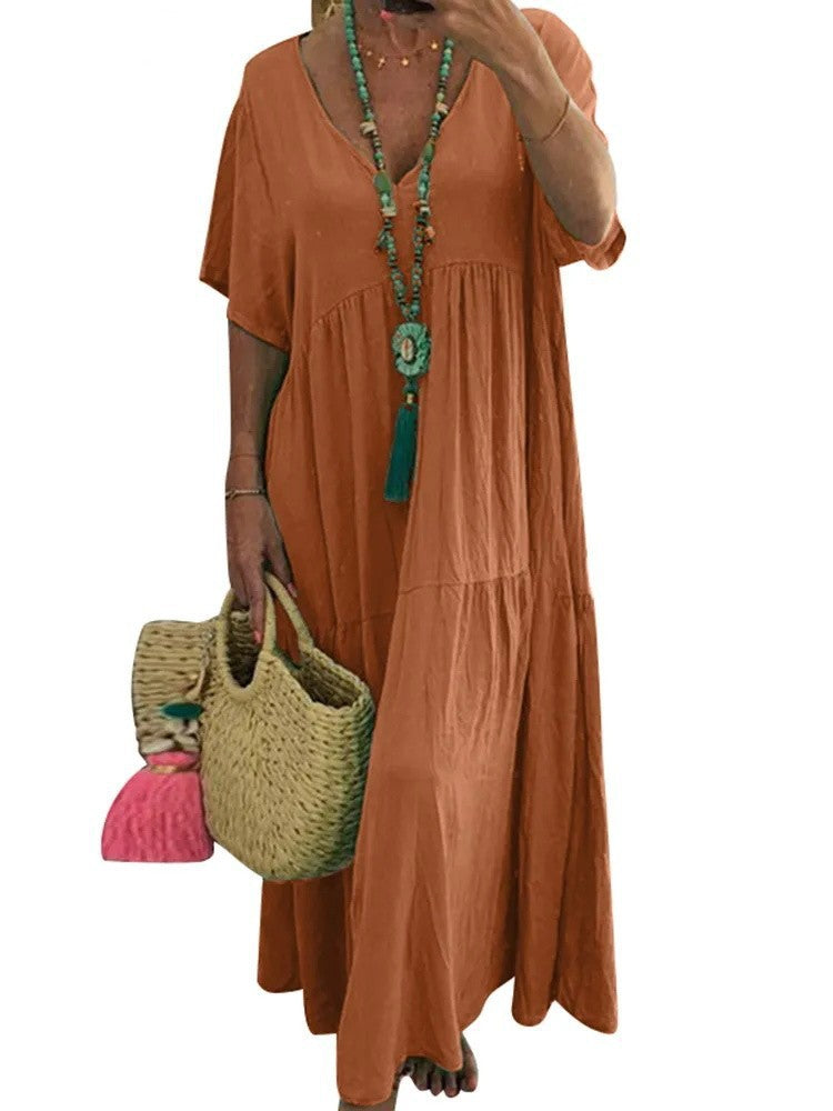 Damen luftiges Boho-Maxikleid mit schwingendem Saum und tiefem V-Ausschnitt EB