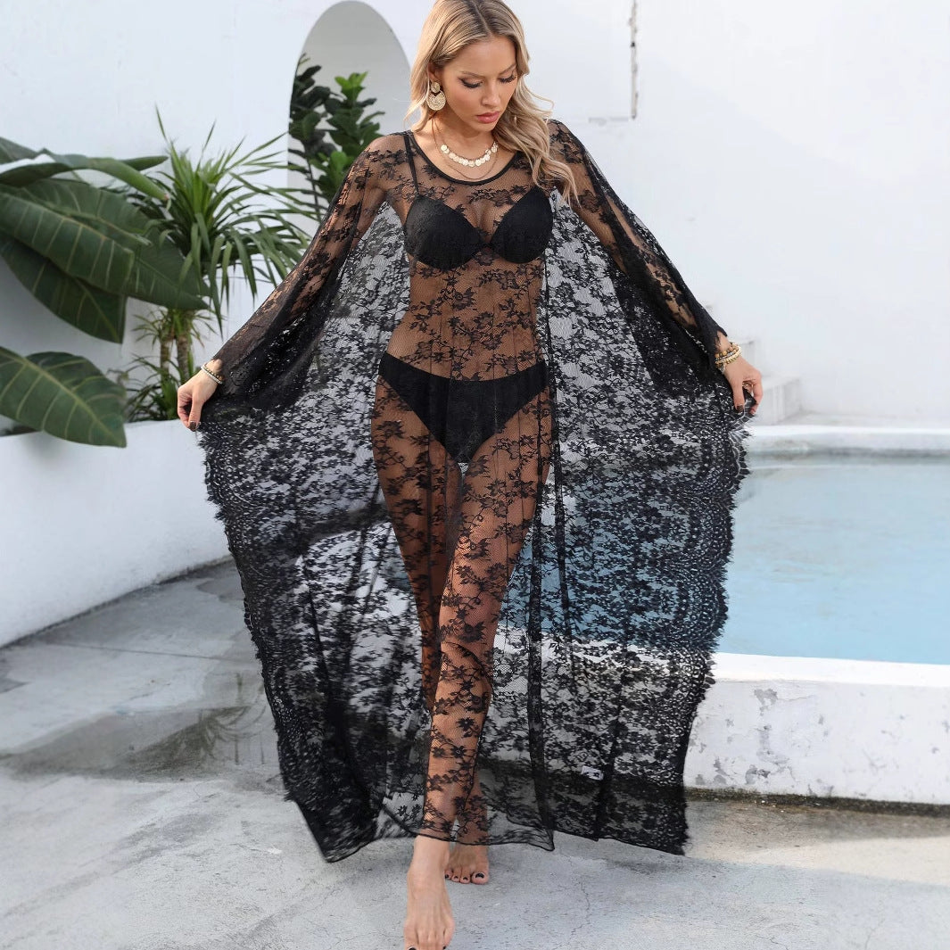 Damen transparenter Häkel-Kaftan EB