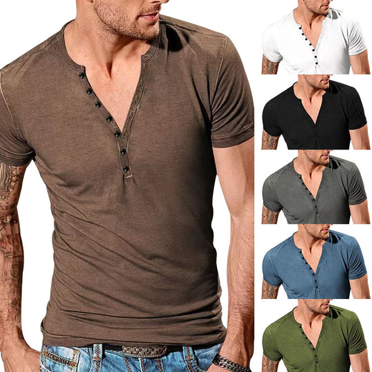 Herren Kurzarm Henley-T-Shirt mit Knopfleiste und weichem Baumwollmix EB