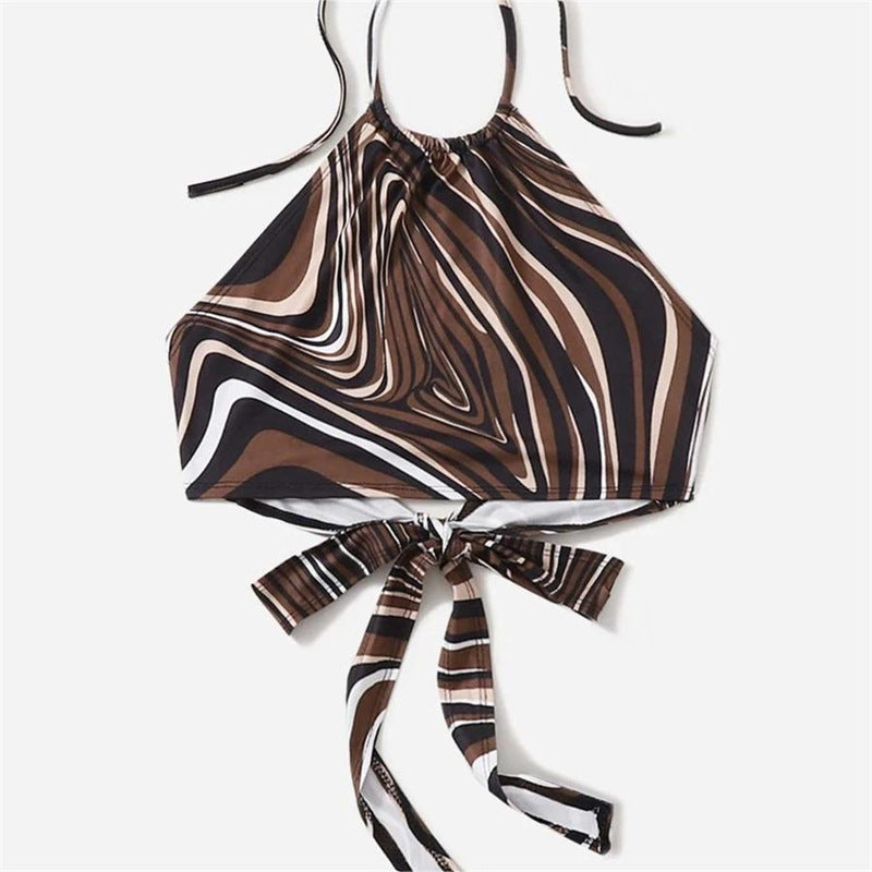 Damen trendiges Halter-Top mit elegantem Wickel-Design und grafischem Print EB