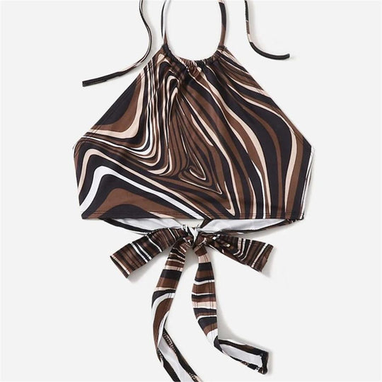Damen trendiges Halter-Top mit elegantem Wickel-Design und grafischem Print EB