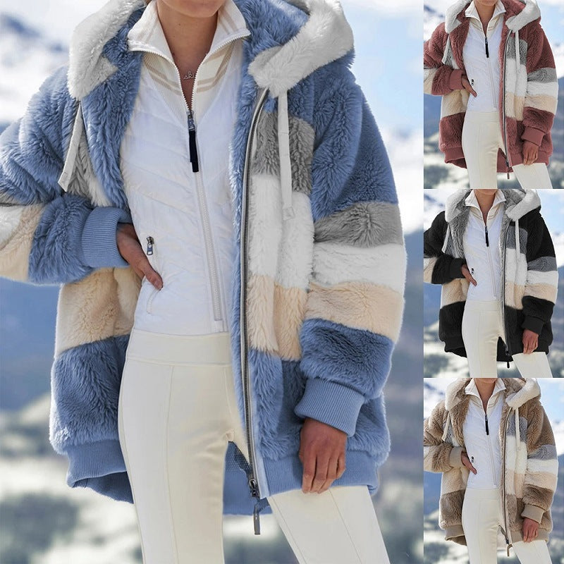 Damen nan kuschelige Oversize Kunstpelzjacke mit Kapuze, Blockstreifen und Rippbündchen EB