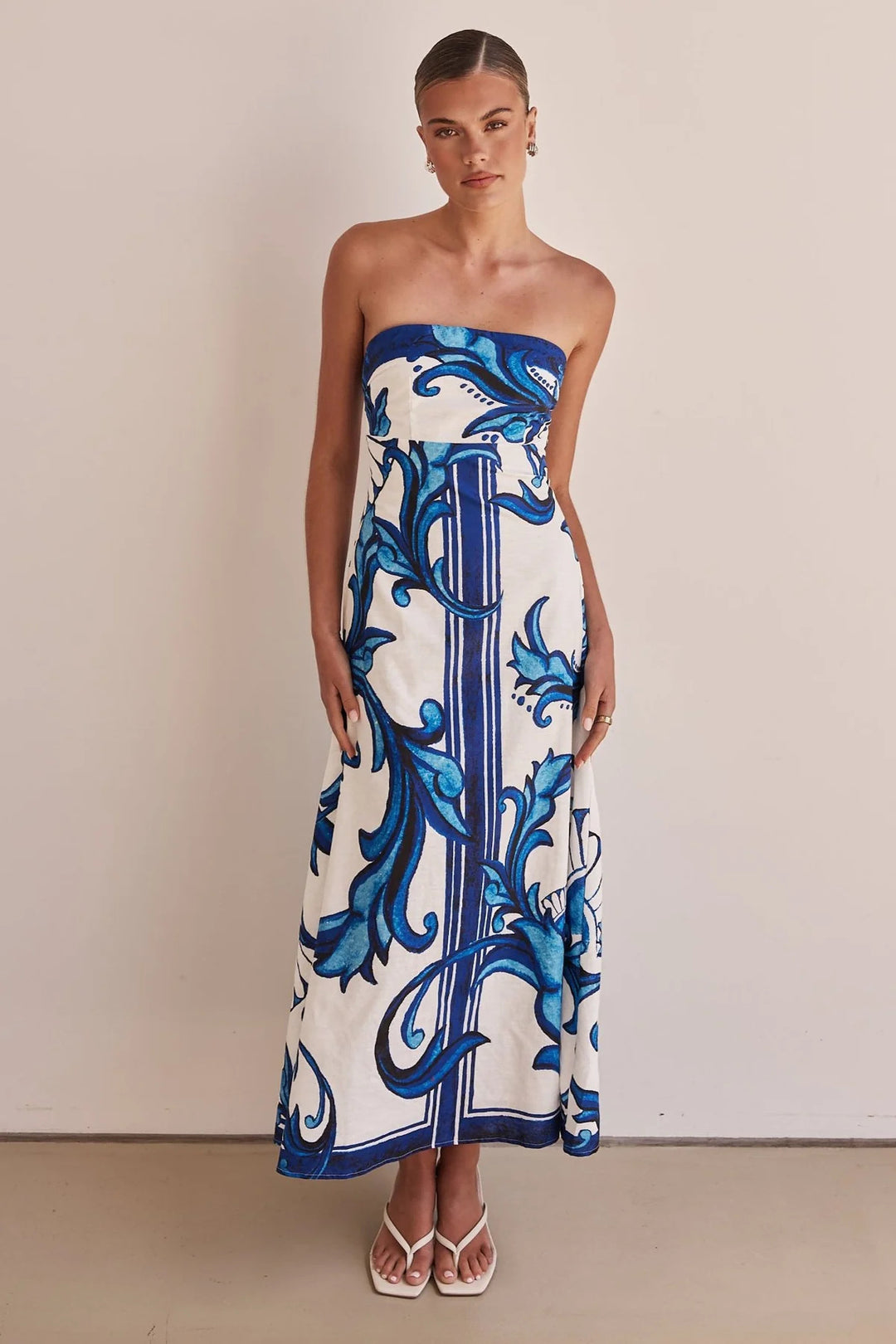 Damen Strapless Maxikleid mit floralem Design und elegantem A-Linien Schnitt EB