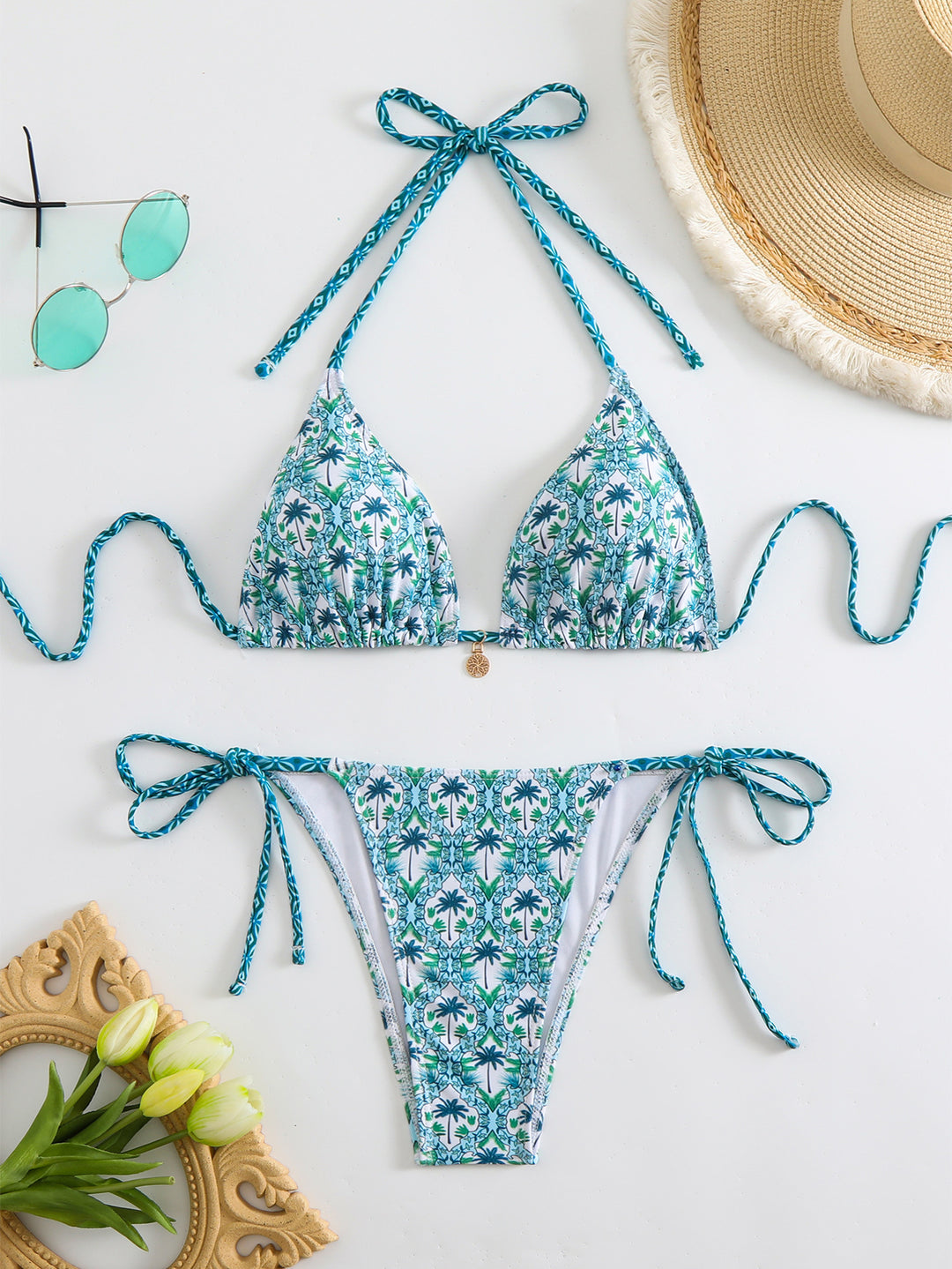 Damen Triangel-Bikini mit liebevollem Blumenmuster und verstellbaren Trägern EB