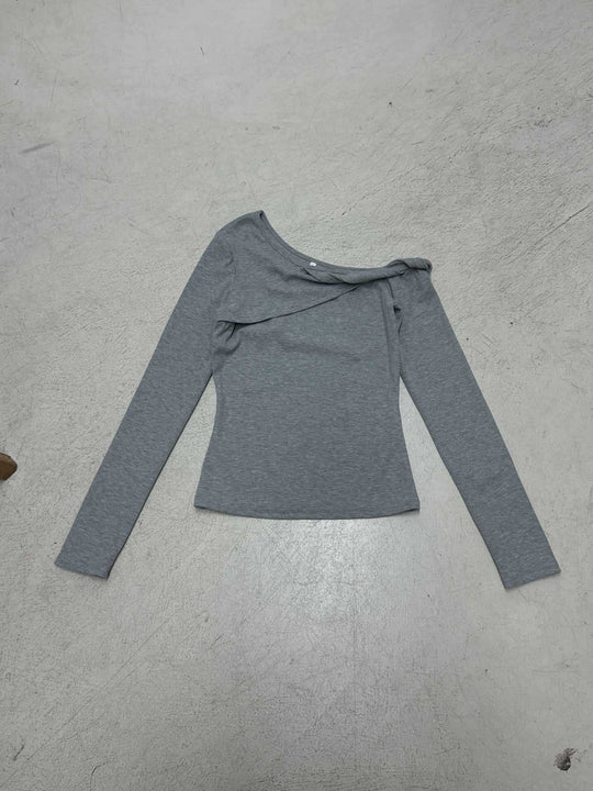 Damen nan asymmetrisches Rippenlangarmshirt mit Ein-Schulter-Design und dekorativer Knotenraffung EB