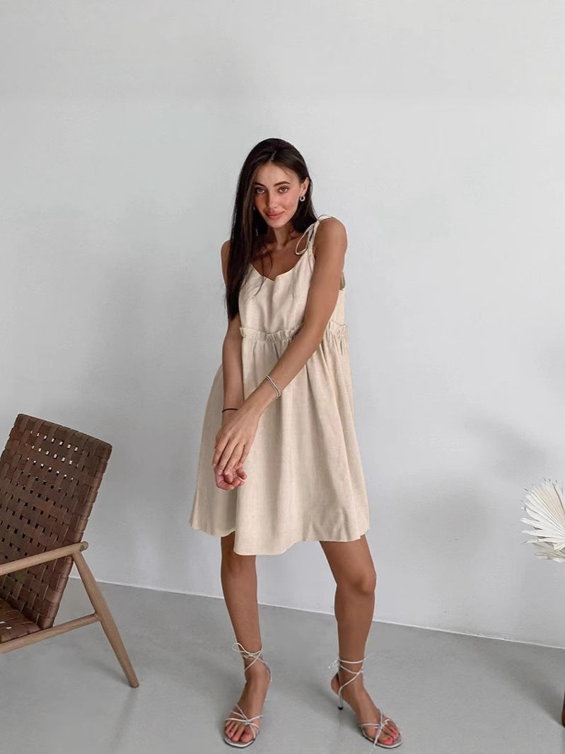Damen lässiges Spaghettiträger-Kleid mit elastischem Bund und dekorativen Schleifen EB