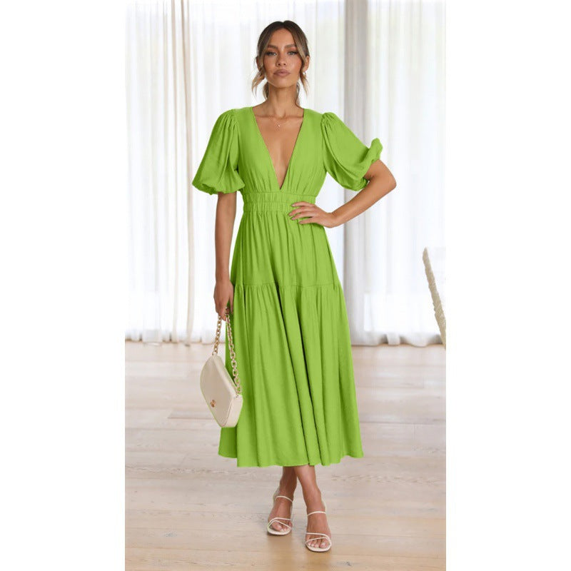 Damen Midi-Kleid mit Puffärmeln und tiefem V-Ausschnitt EB