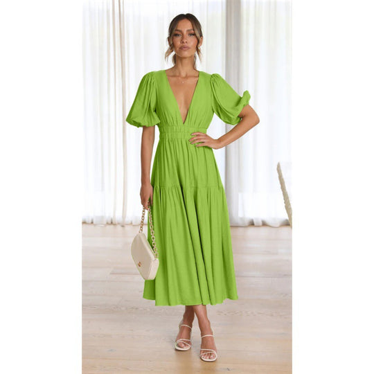 Damen Midi-Kleid mit Puffärmeln und tiefem V-Ausschnitt EB