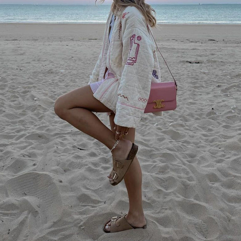 Damen Modische Kimono-Jacke mit bunten Stickdetails und Taschen EB