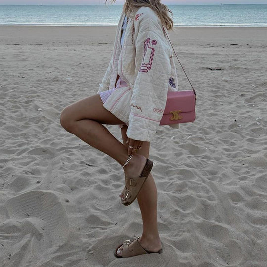 Damen Modische Kimono-Jacke mit bunten Stickdetails und Taschen EB