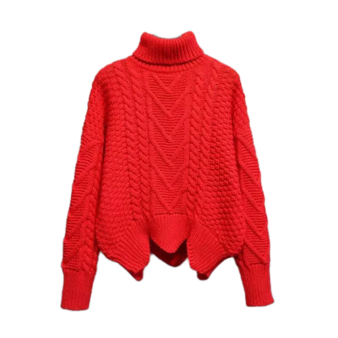 Damen Großer Pullover mit Hohem Kragen und Strickmuster EB