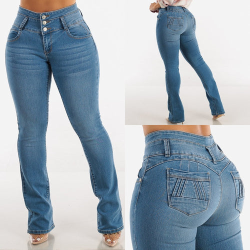 Damen Hochtaillierte Bootcut Jeans mit eleganten Knopfdetails EB