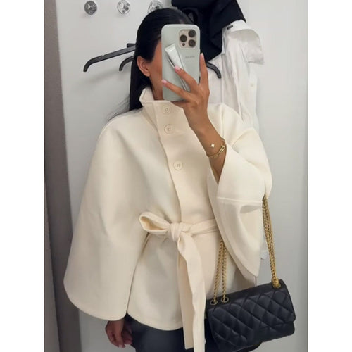 Damen elegante Cape-Jacke mit Knoten-Detail und voluminösen Ärmeln EB