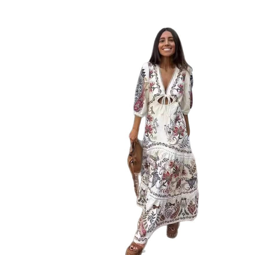 Damen Maxikleid mit floralen Stickereien und V-Ausschnitt EB