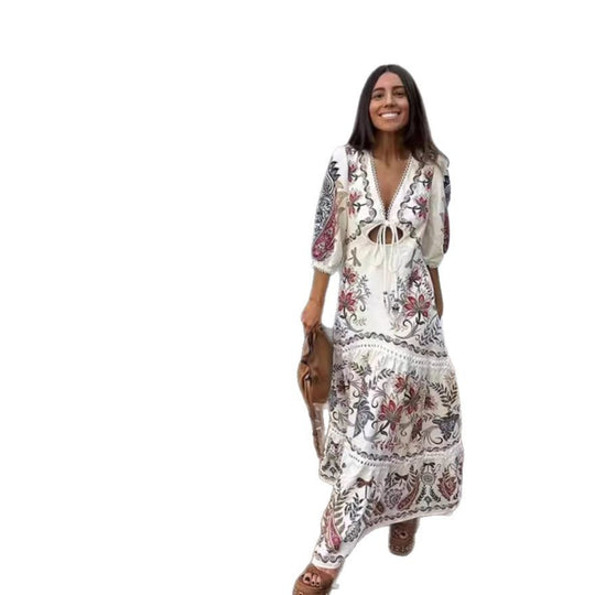 Damen Maxikleid mit floralen Stickereien und V-Ausschnitt EB
