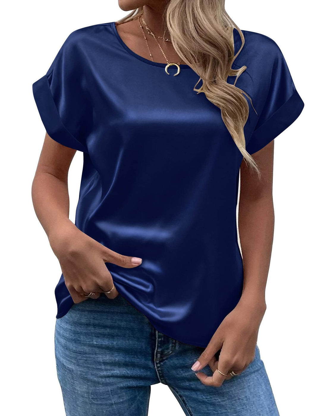 Damen Satin Oberteil mit lässigem Schnitt und umgeschlagenen Ärmeln EB
