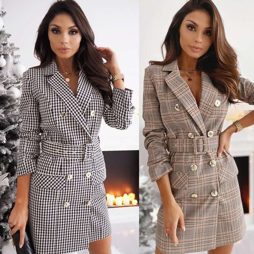 Damen elegantes Blazer-Kleid mit doppelter Knopfleiste und tailliertem Gürtel EB