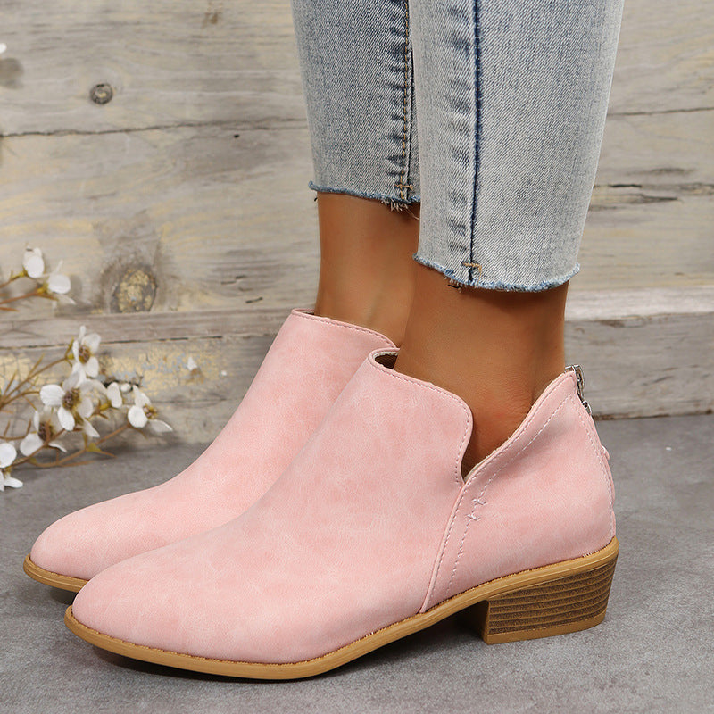 Damen nan leichte Slip-On Ankle-Boots aus Veloursimitat mit V-Ansatz, gepolstertem Komfortfußbett und gestapeltem Blockabsatz EB