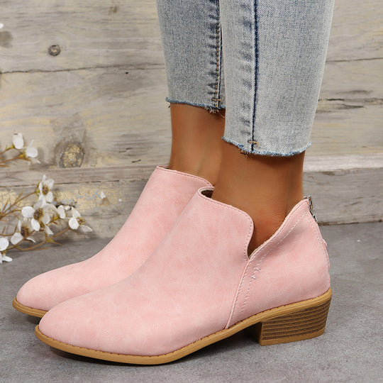 Damen nan leichte Slip-On Ankle-Boots aus Veloursimitat mit V-Ansatz, gepolstertem Komfortfußbett und gestapeltem Blockabsatz EB