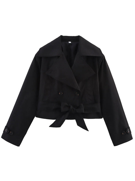 Damen Cropped Trenchcoat mit breitem Revers und Taillengürtel EB