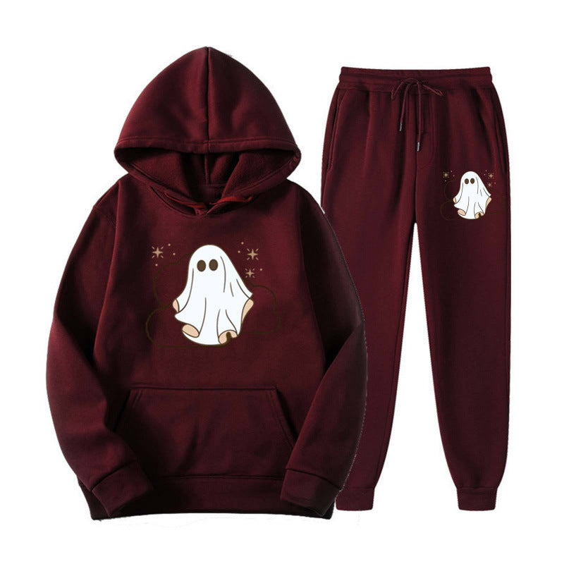 Unisex nan kuscheliger Kapuzenpullover und Jogginghose Set mit Halloween-Geistprint EB