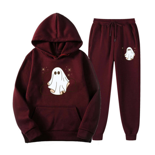 Unisex nan kuscheliger Kapuzenpullover und Jogginghose Set mit Halloween-Geistprint EB