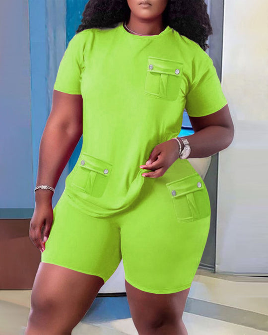 Damen Sportliches Oberteil und Shorts Set mit praktischen Taschen EB