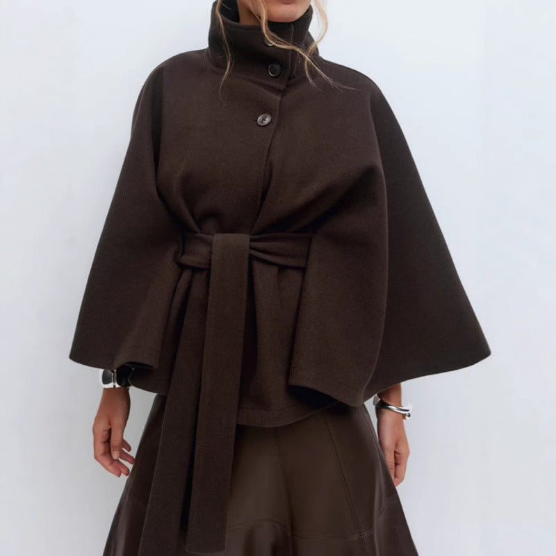 Damen Wollmantel im Cape‑Stil mit Stehkragen und Taillengürtel EB