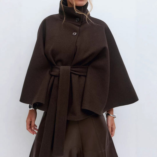Damen Wollmantel im Cape‑Stil mit Stehkragen und Taillengürtel EB