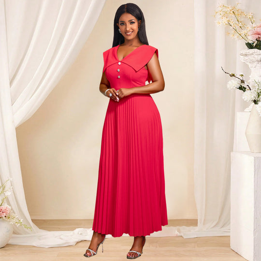 Damen plissiertes Maxikleid mit eleganten Knopfdetails EB
