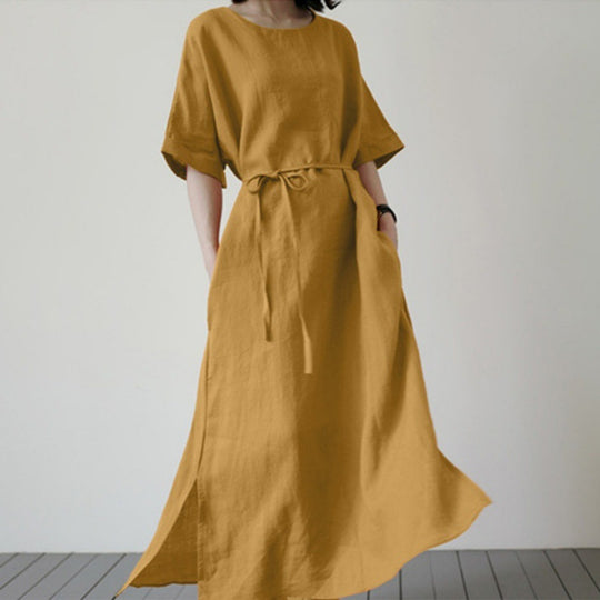 Damen Leinenmaxikleid mit weit geschnittenen Ärmeln und Taillengürtel EB